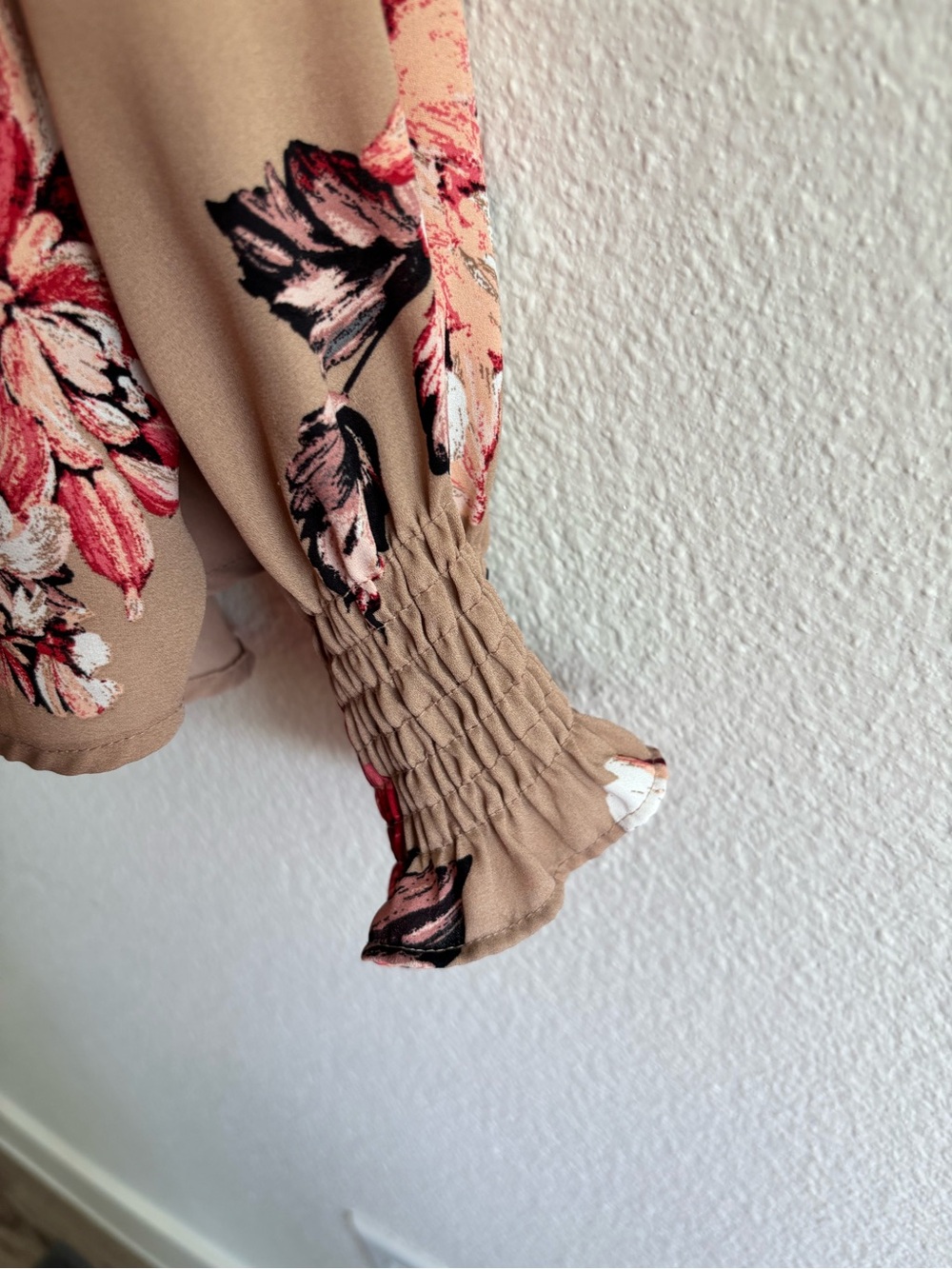 Floral Smocked Cuff Blouse in Beige with Pink Accents